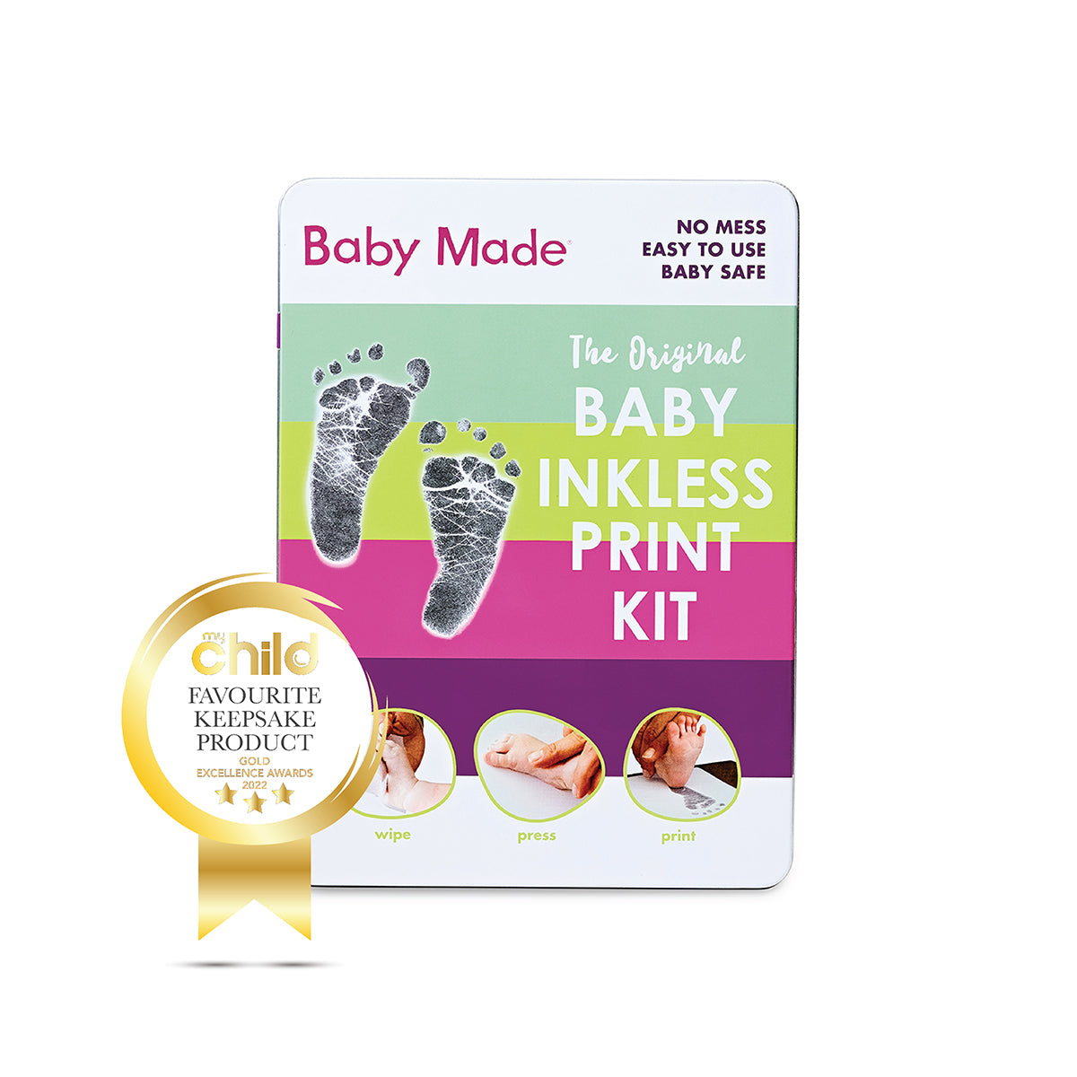 Packaging of the Baby Inkless Print Kit by Baby Made, featuring images of baby footprints and handprints, a non-toxic inkless wipe, and treated paper keepsake tin.