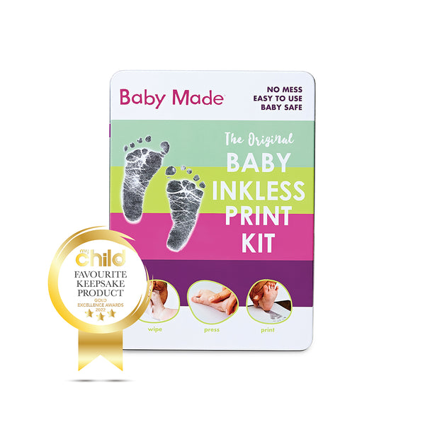 Packaging of the Baby Inkless Print Kit by Baby Made, featuring images of baby footprints and handprints, a non-toxic inkless wipe, and treated paper keepsake tin.