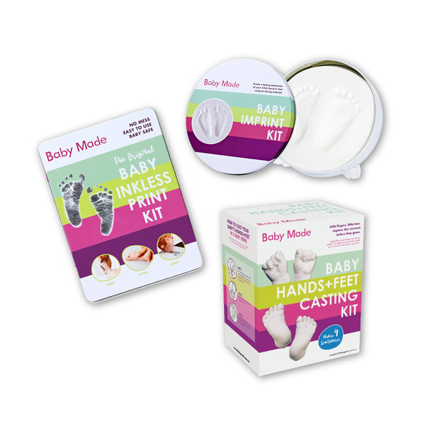 Baby Made inkless print kit and hands and feet casting kit on a white background