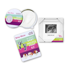 Baby inkless print kit with packaging and ultrasound frame on a white background, along with the Baby Imprint Kit