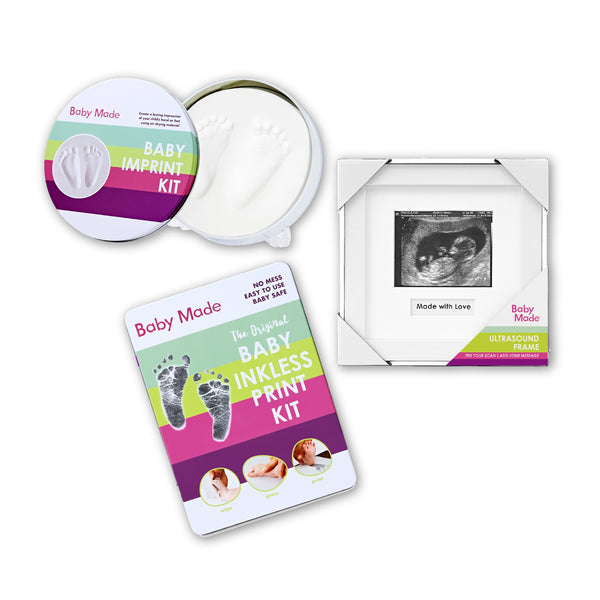 Baby inkless print kit with packaging and ultrasound frame on a white background, along with the Baby Imprint Kit