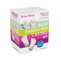 A product box for the Baby Hands & Feet Casting Kit with illustrations of baby hands and feet on it, along with text detailing the kit's purpose and what it includes.
