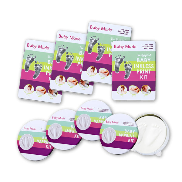 Four Baby Inkless Print Kits and four Baby Imprint Kits packaging with footprints on a white background